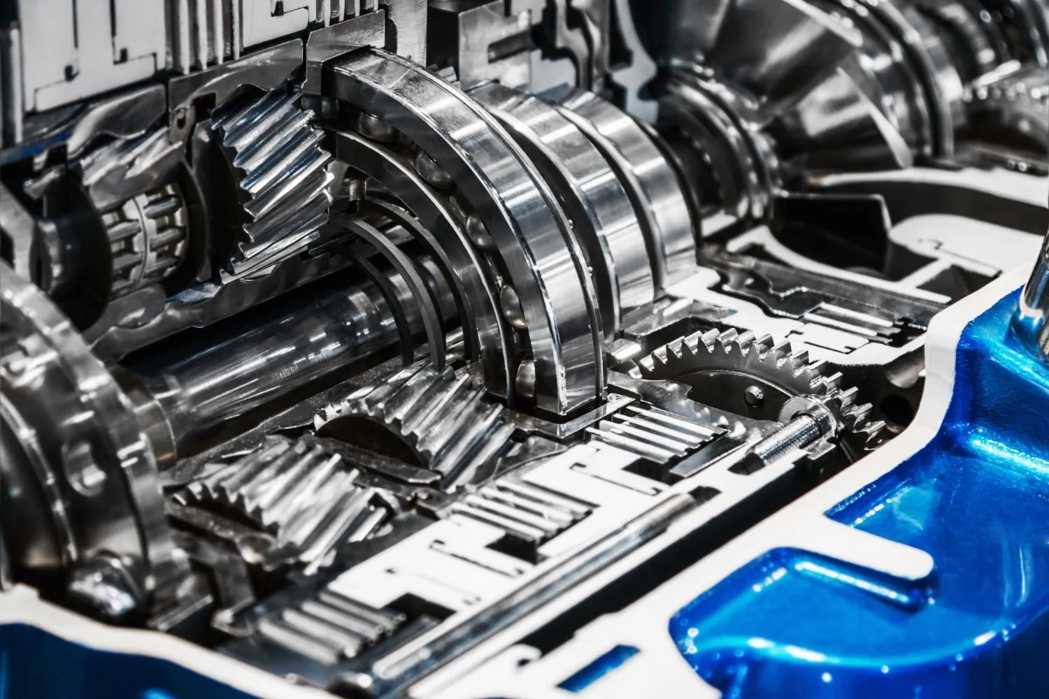 Cutaway of a transmission showing its internal gears, shafts and synchronizers